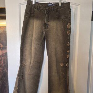 BRAZILROXX- Black/Brown Distressed Flair Jeans with Embroidery/beads. Size 12